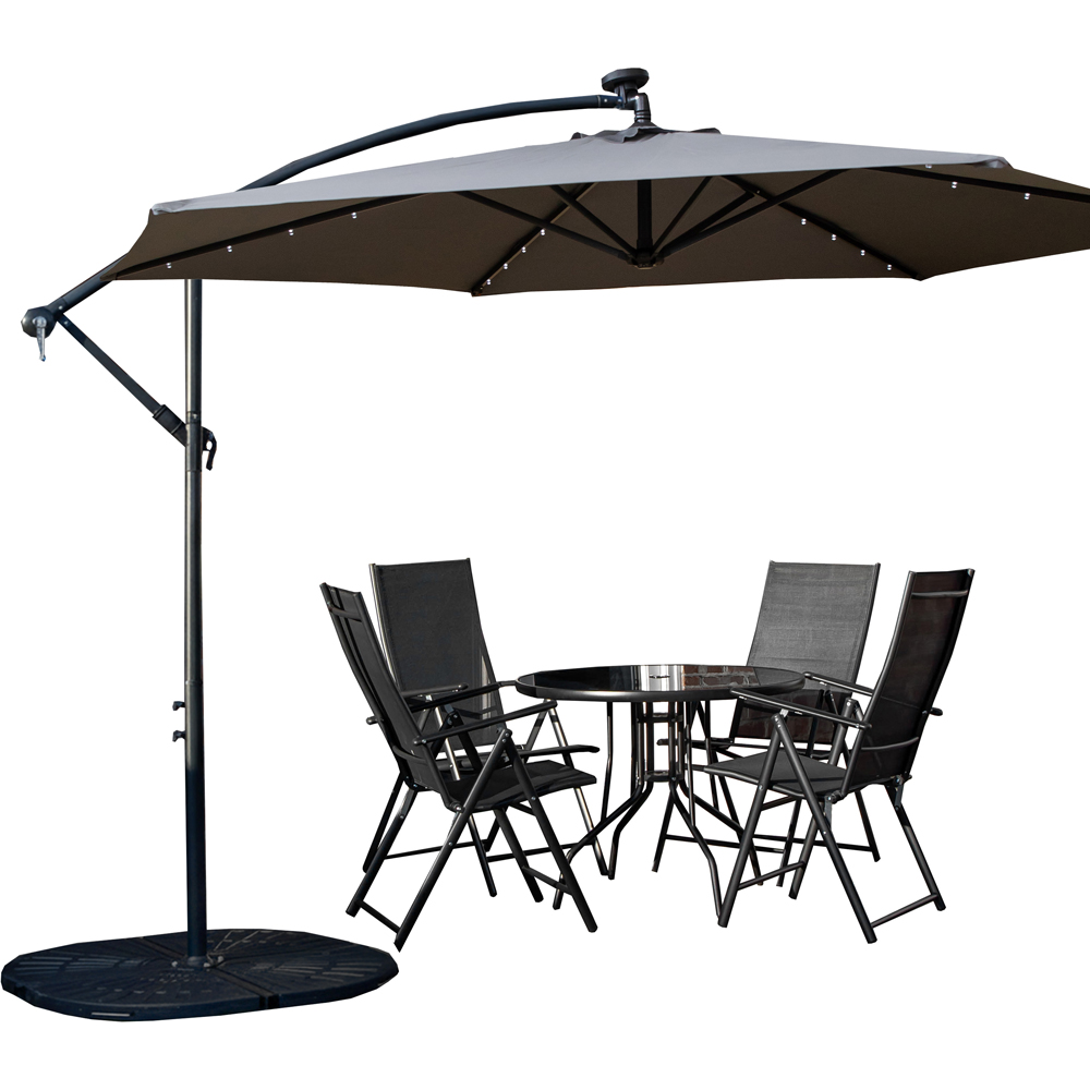 Samuel Alexander 4 Seater Glass Top Foldable Dining Set with Grey Banana Lit Parasol and Base Image 2