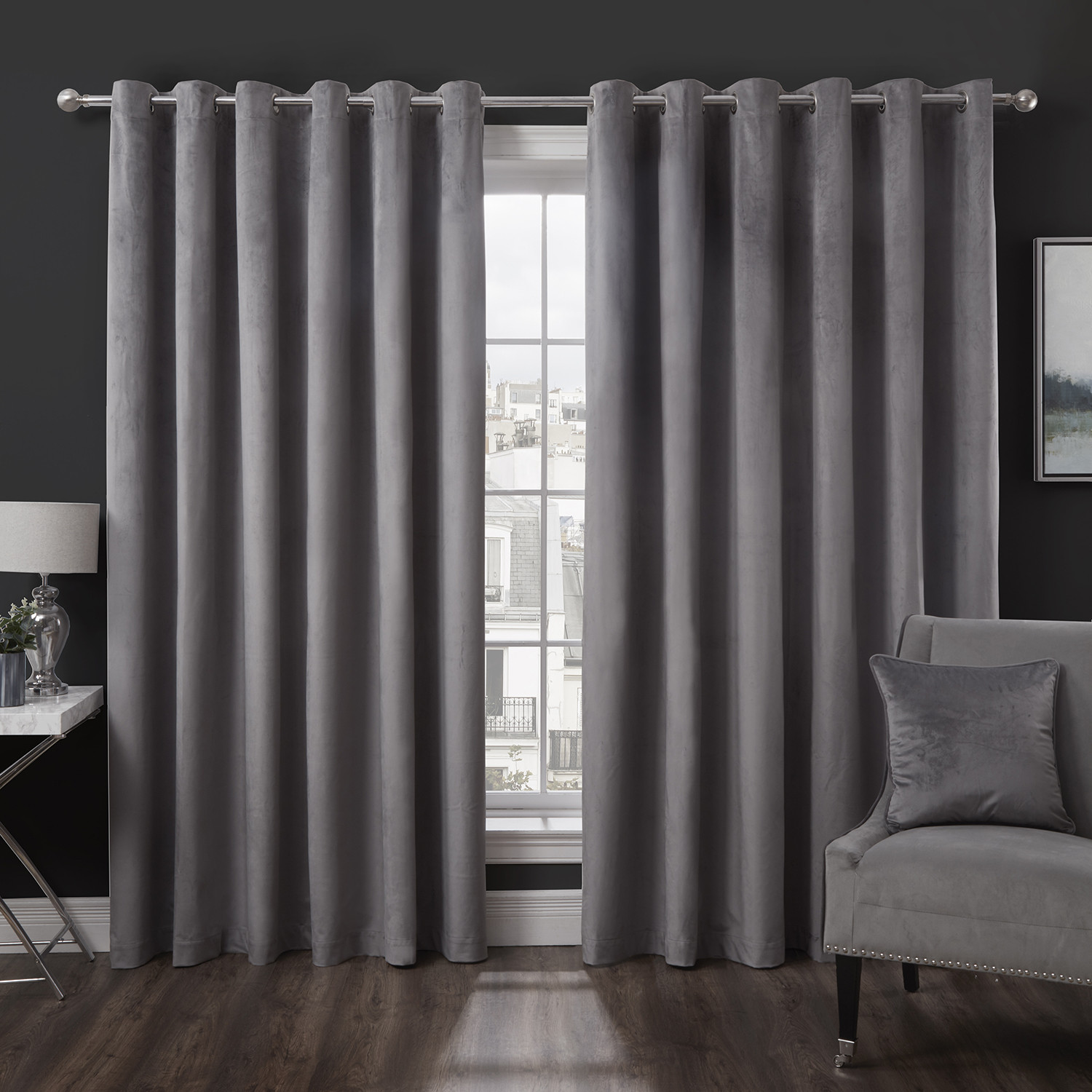 Divante Vermont Charcoal Velvet Blackout Curtains 183 x 168cm Image 1