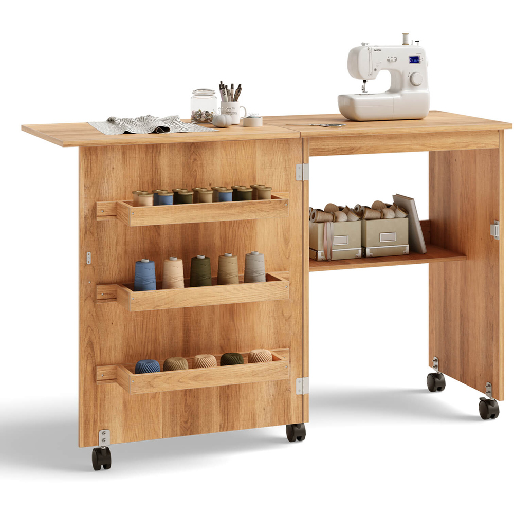 Costway Folding Sewing Table with Storage Shelves Natural Image 3