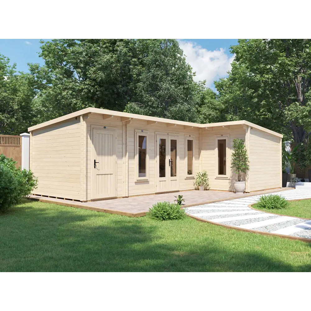 Dunster House HellWolf 26 x 16ft Brown L-Shaped Double Glazed Pent Garden Log Cabin Image 2