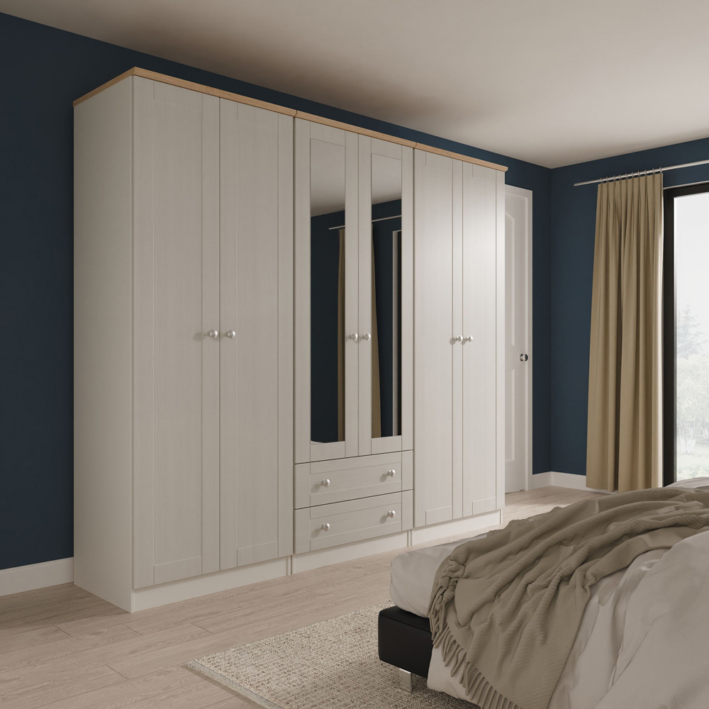 Crowndale Sussex 6 Door 2 Drawer Grey Ash and Bardolino Oak Tall Mirror Wardrobe Ready Assembled Image 9
