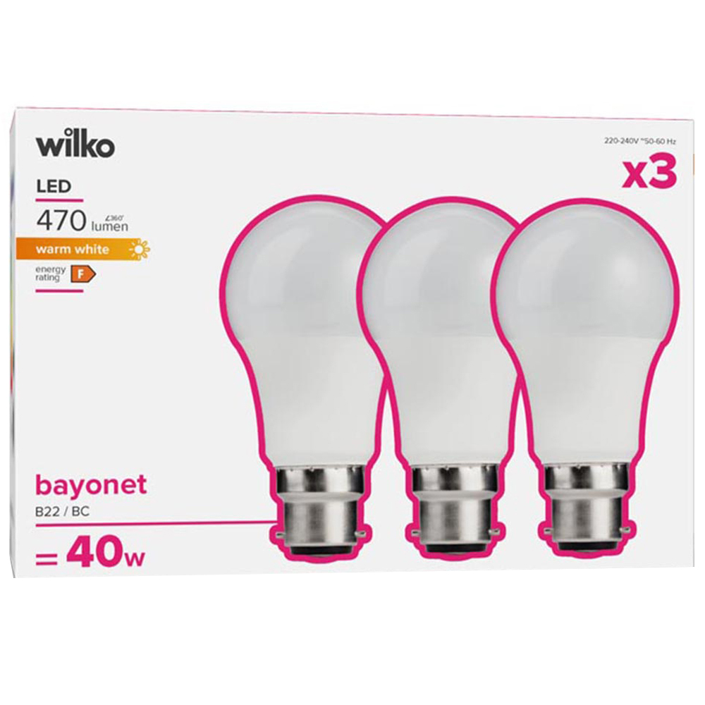 Wilko 3 Pack Bayonet B22/BC LED 470 Lumens Light B ulb Image 1