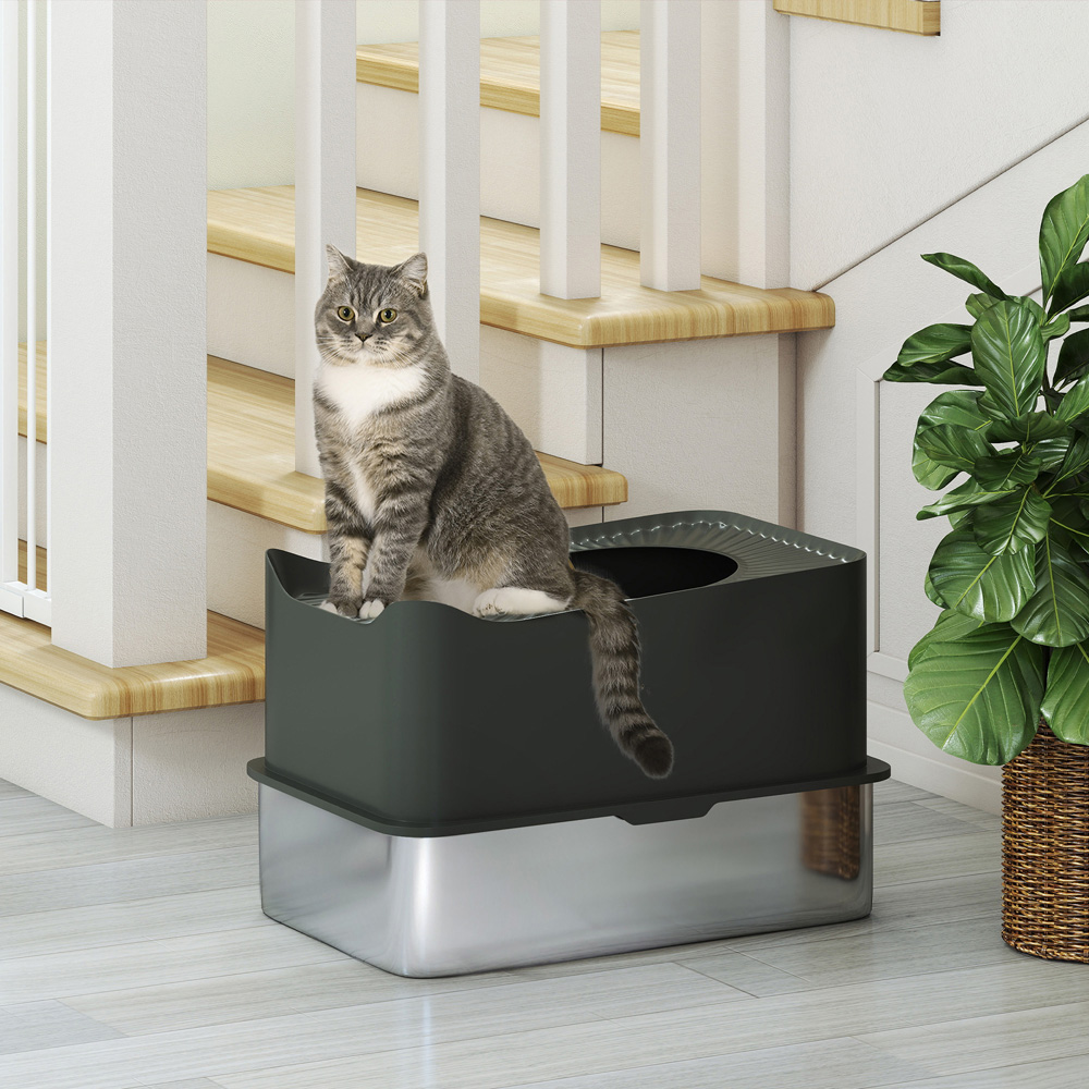 PawHut Dark Grey Stainless Steel Enclosed Cat Litter Box with Metal Litter Tray Image 4