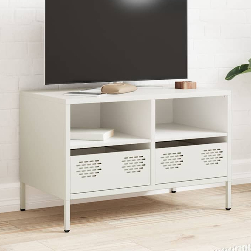 vidaXL 2 Drawer 2 Shelf White Steel Industrial Style TV Cabinet Image 1
