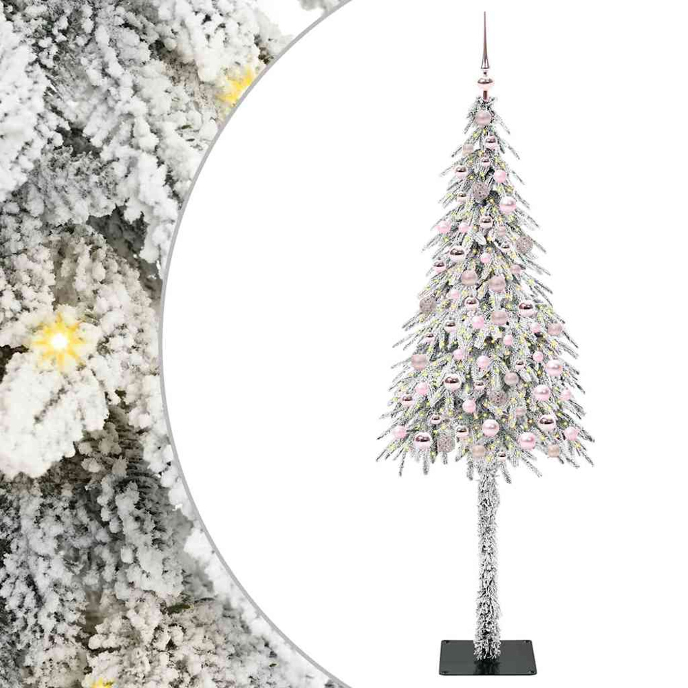 vidaXL Pre-Lit Pink Bauble White Snow Flocked Artificial Christmas Tree 7ft Image 6