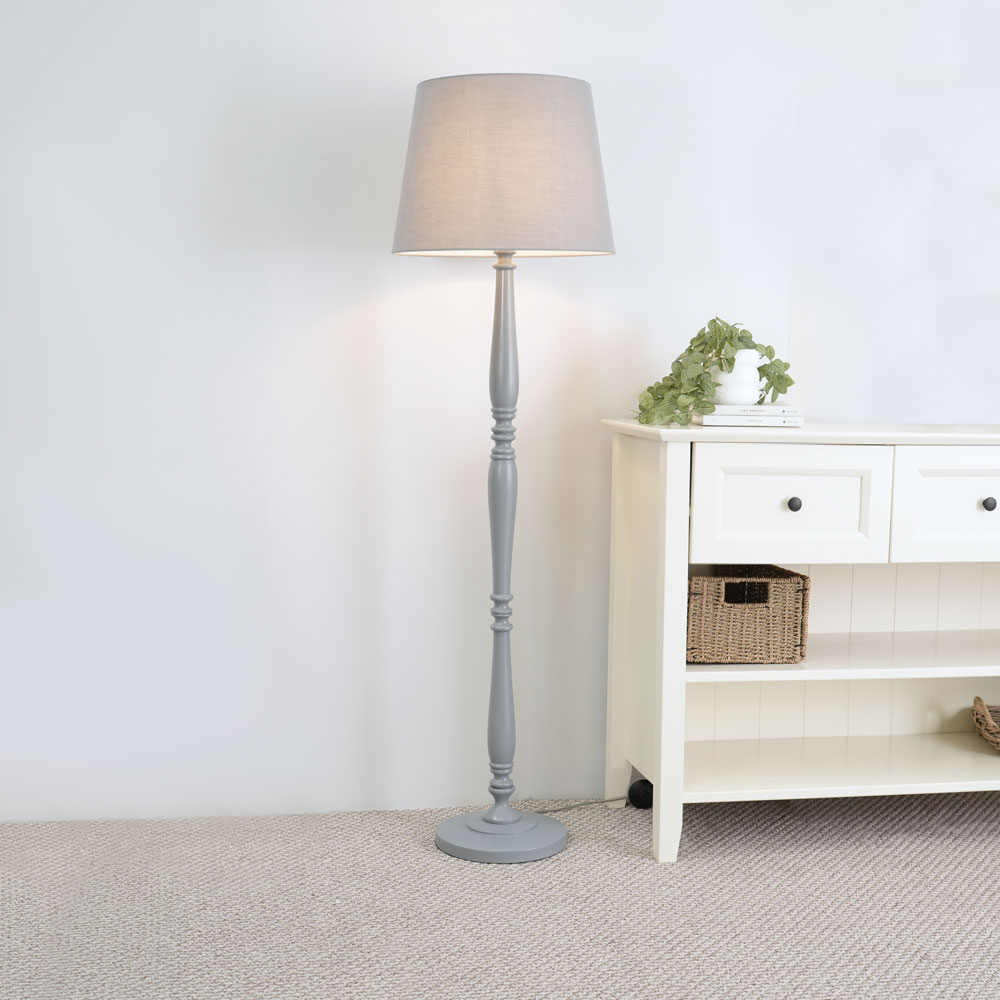 ValueLights Victoria Grey Fabric Tapered Shade Grey Wood Traditional Stem LED Floor Lamp Image 2