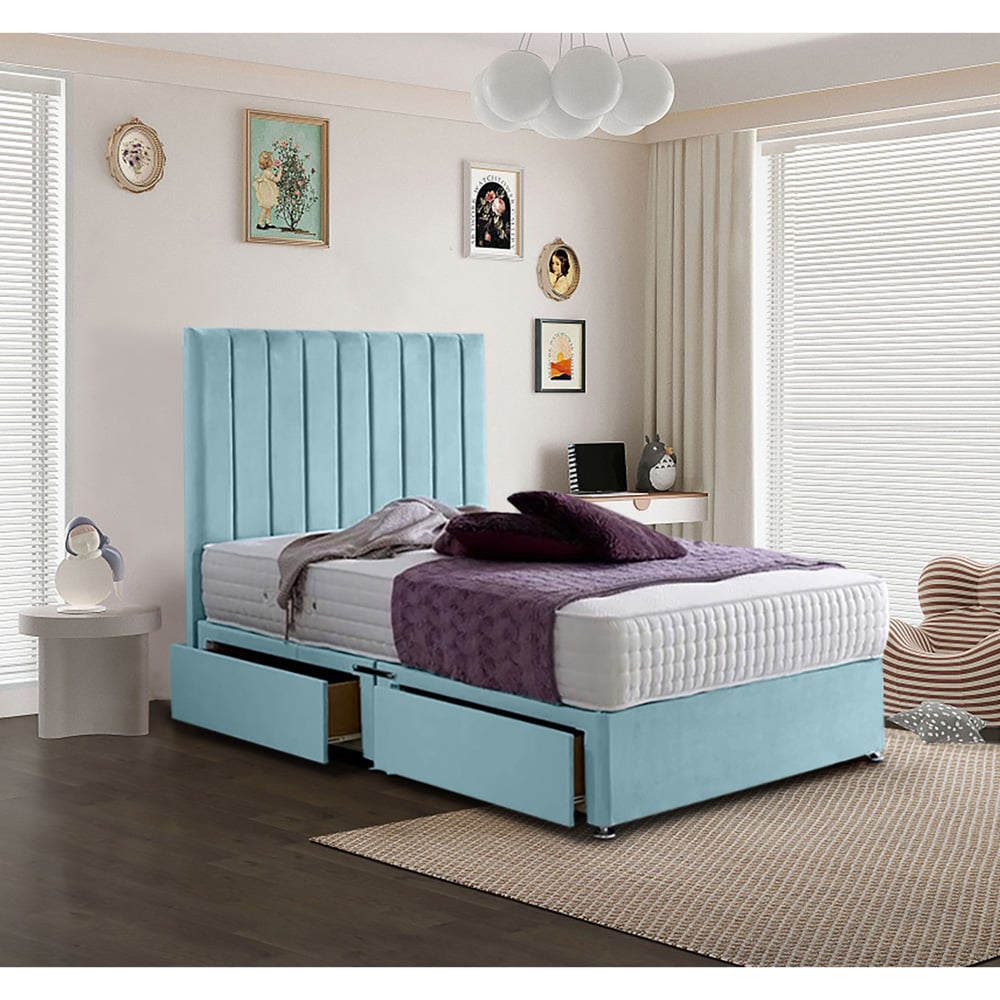 Eleganza Home Sleepytime Small Double Duck Egg Plush Velvet 2 Drawer Divan Bed with Headboard Image 2