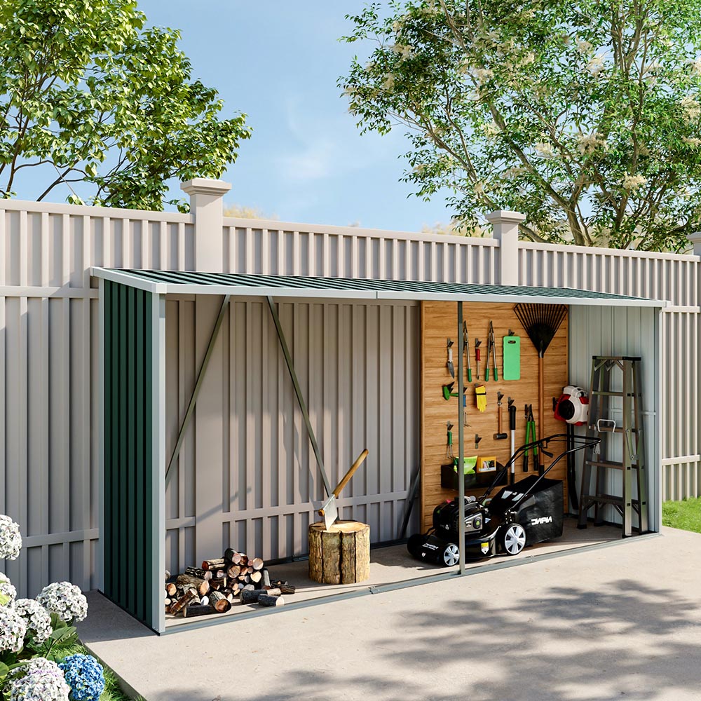 Living and Home 11 x 2.7ft Green Zinc Steel Garden Log Storage Shed Image 5