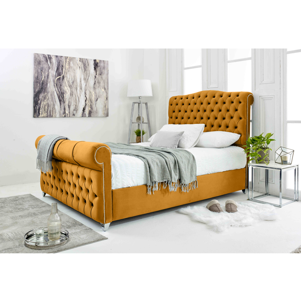 Eleganza Maynard King Size Mustard Plush Velvet Bed Frame with Matching Buttons Image 3