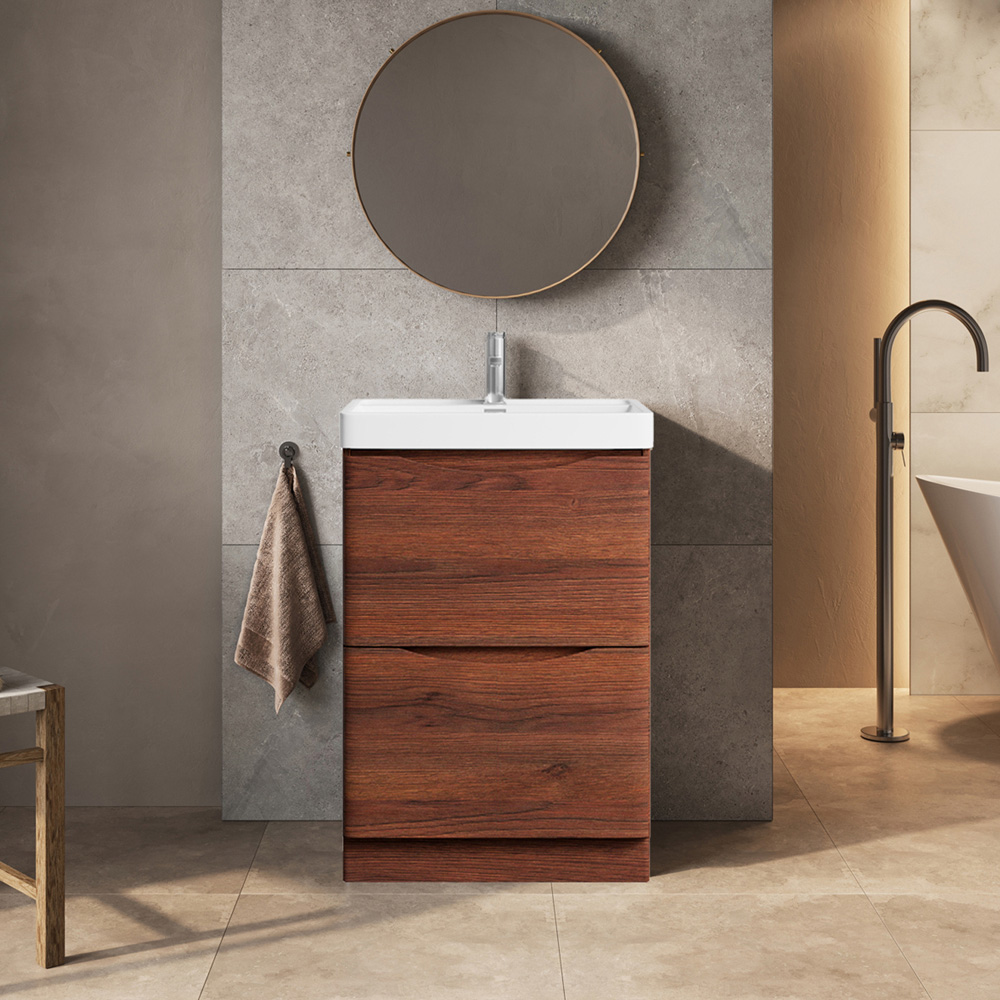 Go Bathrooms Eaton 2 Drawer Redwood Oak Floor Standing Vanity Unit with Resin Basin 600mm Image 3