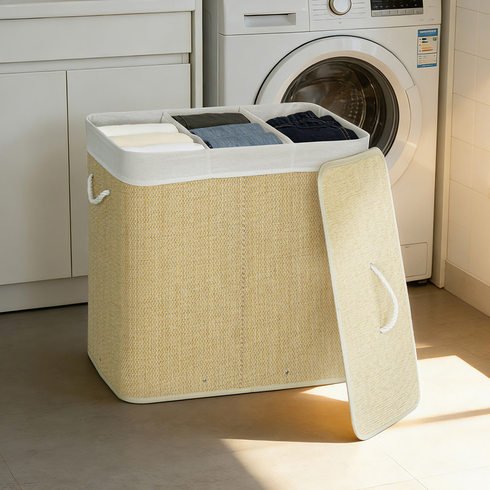 HOMCOM Cream Laundry Basket with Lid 144L Image 2