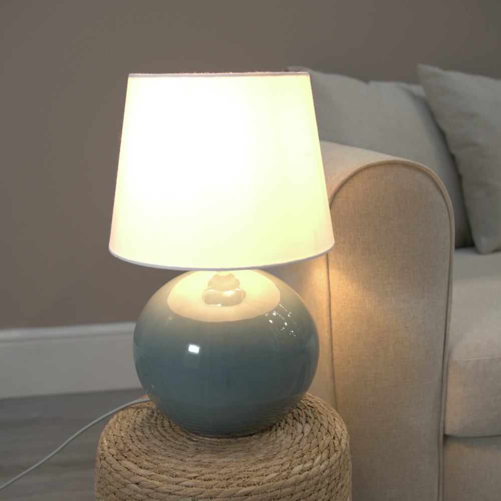 ValueLights Bosco Eucalyptus Teal White Fabric Tapered Shade Ceramic LED Table Lamp Image 2