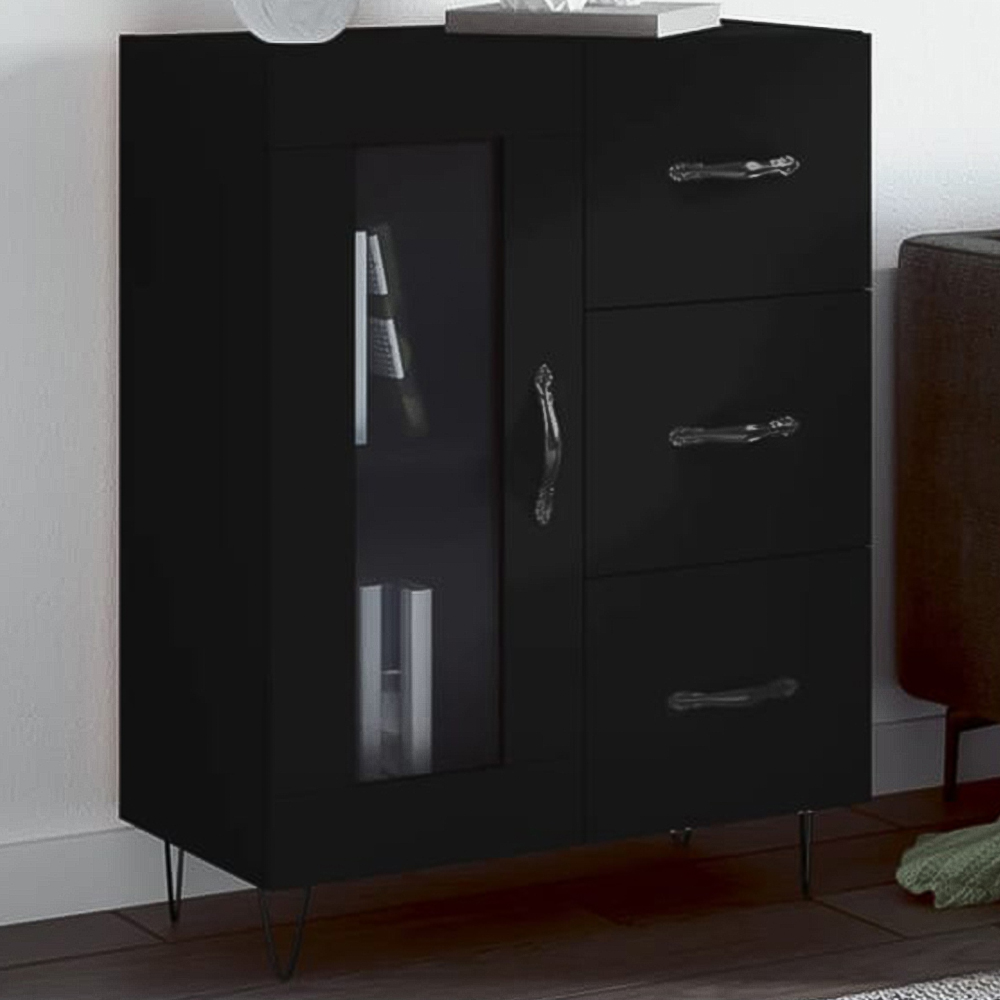vidaXL Single Glass Door 3 Drawer 2 Shelf Black Wooden Sideboard Image 1