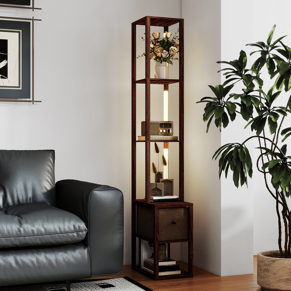 HOMCOM Single Drawer 4 Shelf Brown LED Floor Lamp Image 4