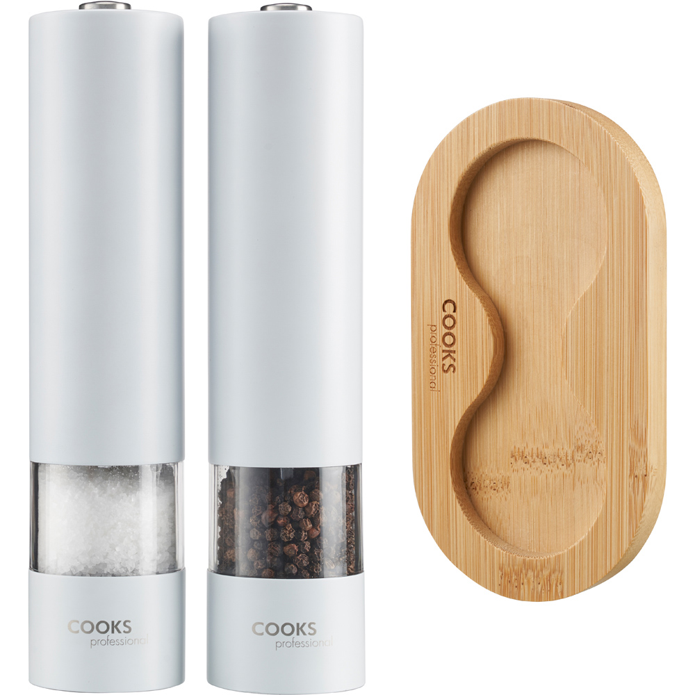 Cooks Professional Electric White Salt and Pepper Mill Grinder with Stand Image 1