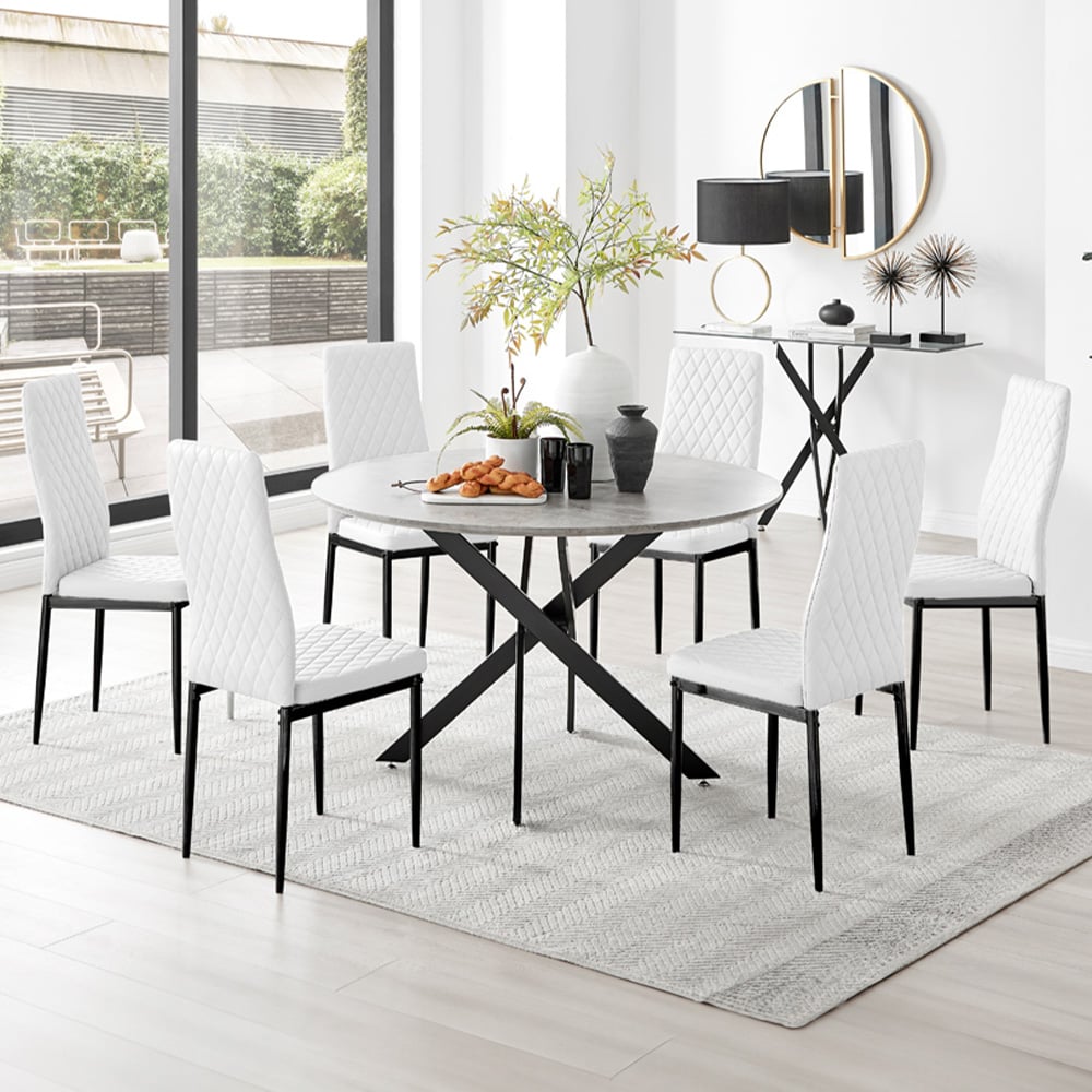Furniturebox Arona Valera Concrete Effect 6 Seater Round Dining Set Grey and White Image 1