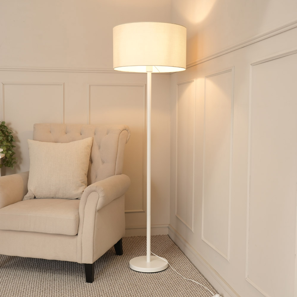 ValueLights Charlie White Drum Shade White Single Stem LED Floor Lamp Image 2