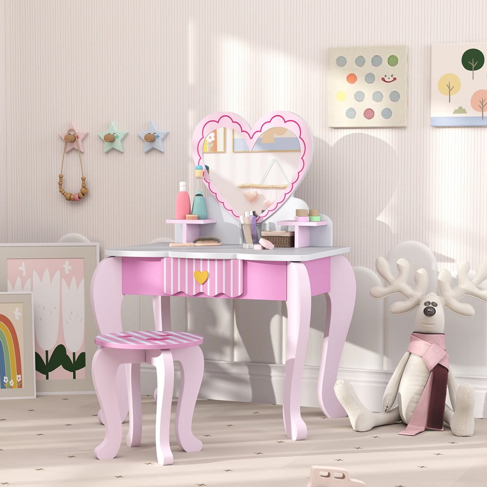 AIYAPLAY 2 Piece Pink Heart Mirror Kids Dressing Table Set Image 7
