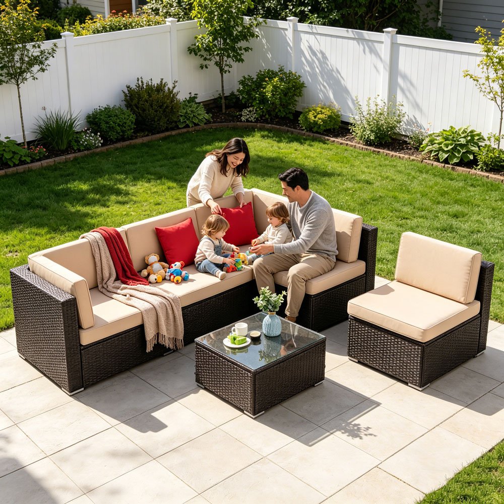 Willowmare 5 Seater Beige and Brown Rattan Patio Furniture Set Image 3
