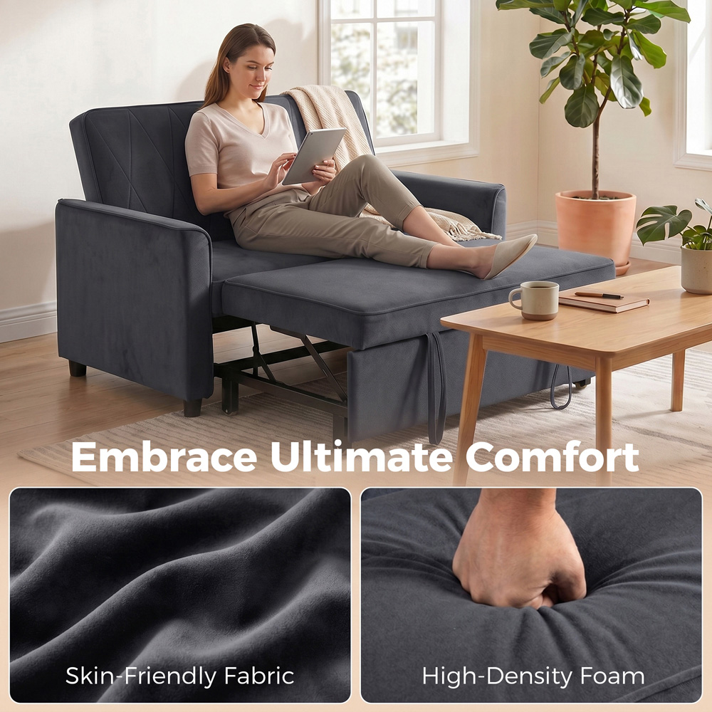 HOMCOM 3-in-1 2 Seater Dark Grey Velvet Pull Out Sofa Bed Image 5