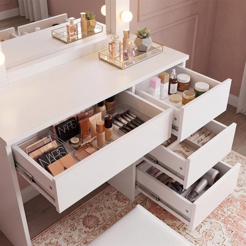 Portland 4 Drawer White Dressing Table Set with LED Mirror Image 3