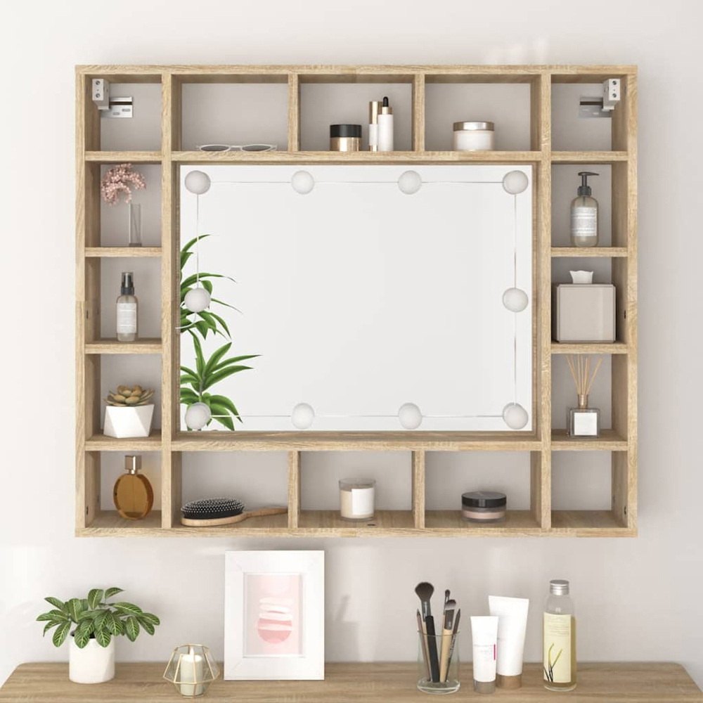 vidaXL 16 Shelf LED Sonoma Oak Mirror Cabinet Image 8