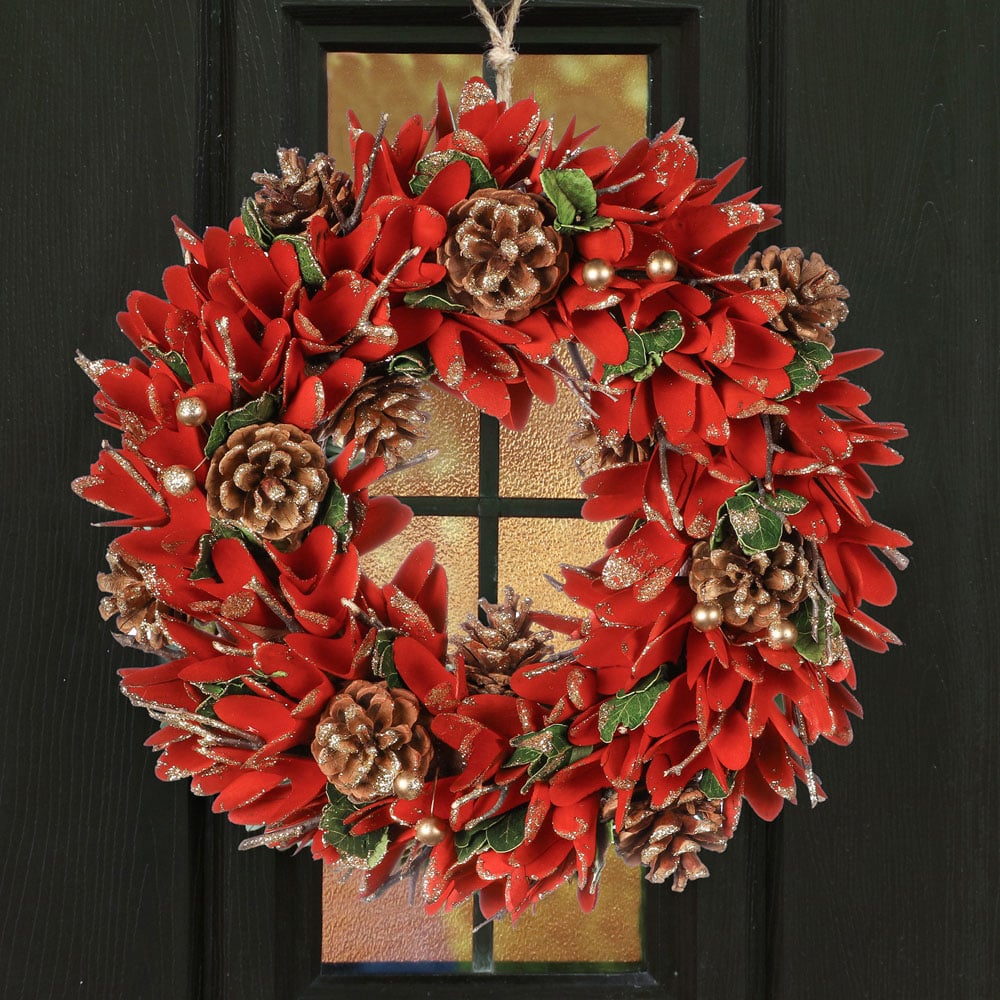 Dibor Firecracker Artificial Christmas Wreath with Pinecones and Red Petals 35cm Image 2