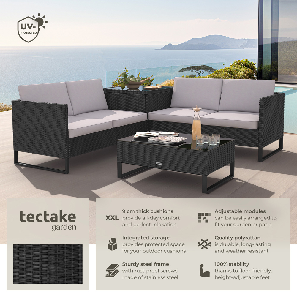 tectake Ostuni 4 Seater Black Rattan Garden Lounge Set with Storage Box Image 6