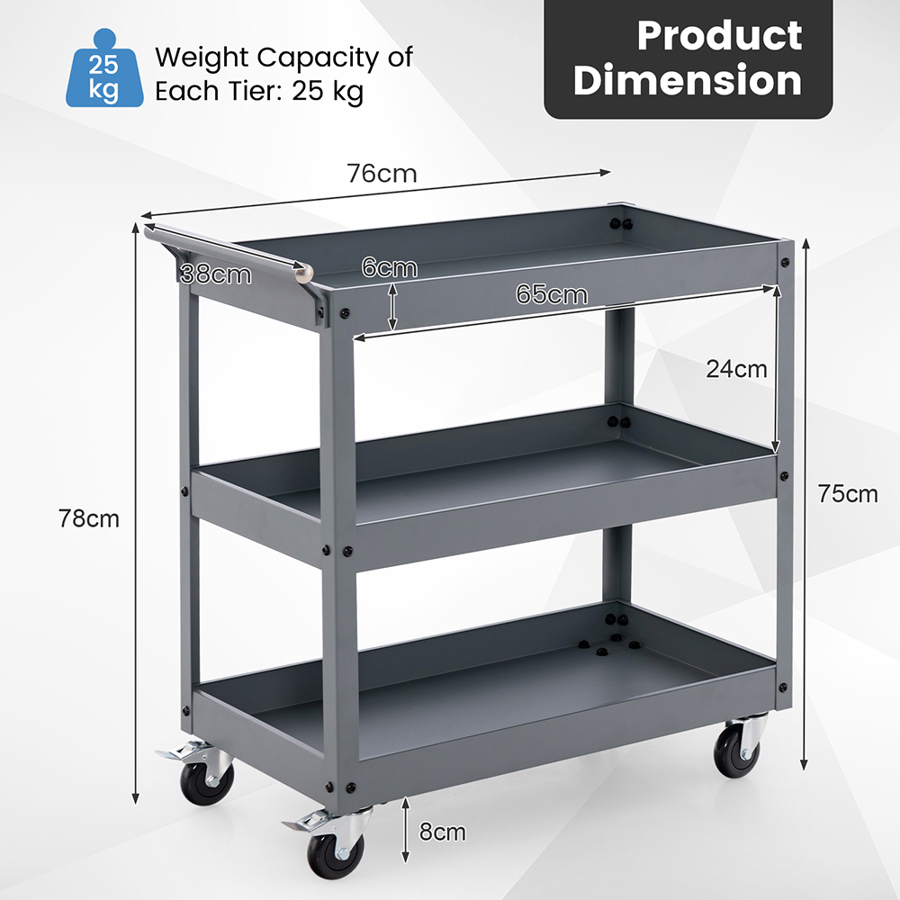 Costway 3 Shelf Grey Metal Utility Cart Image 9