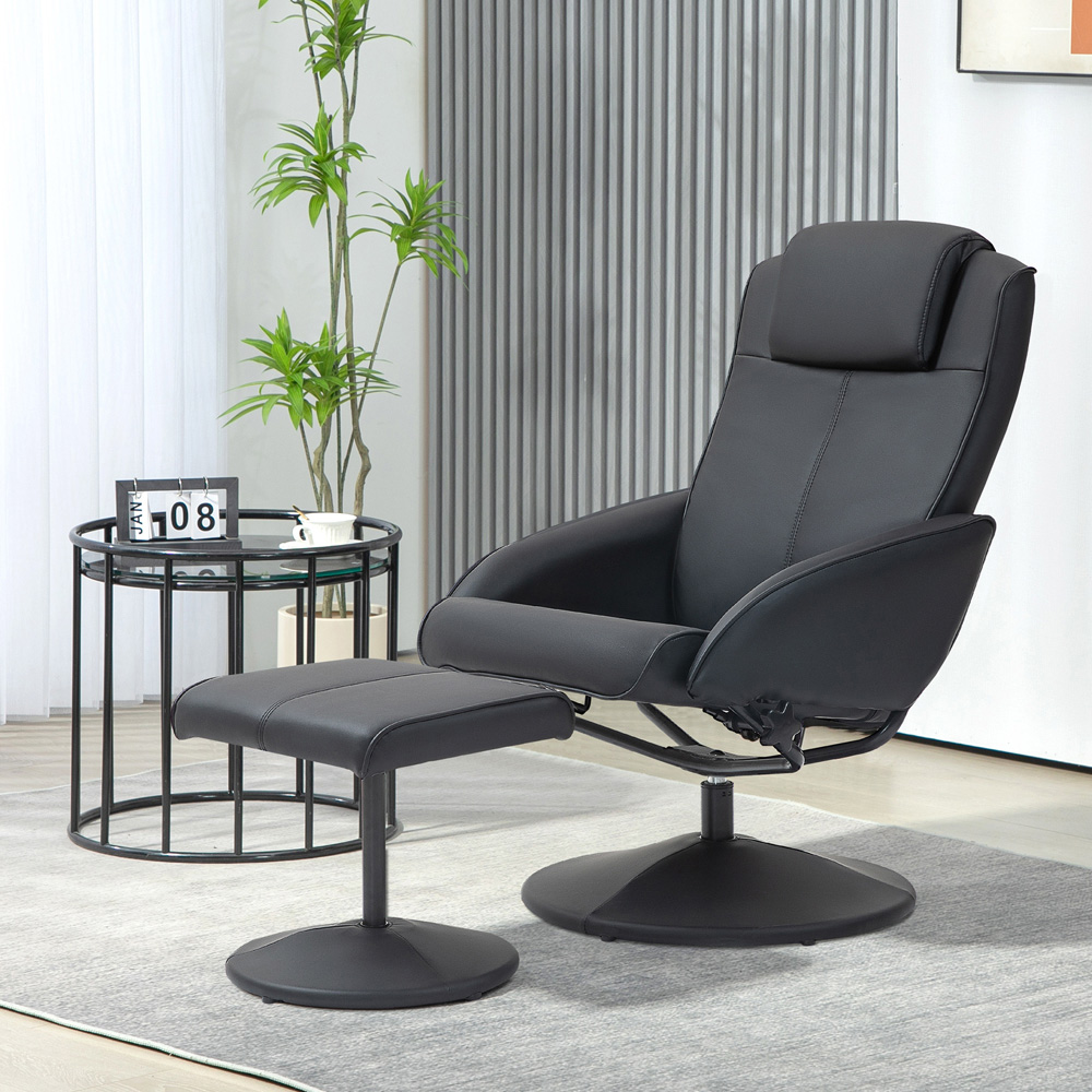 HOMCOM Black PU Leather Upholstered Recliner Chair and Footstool Image 4