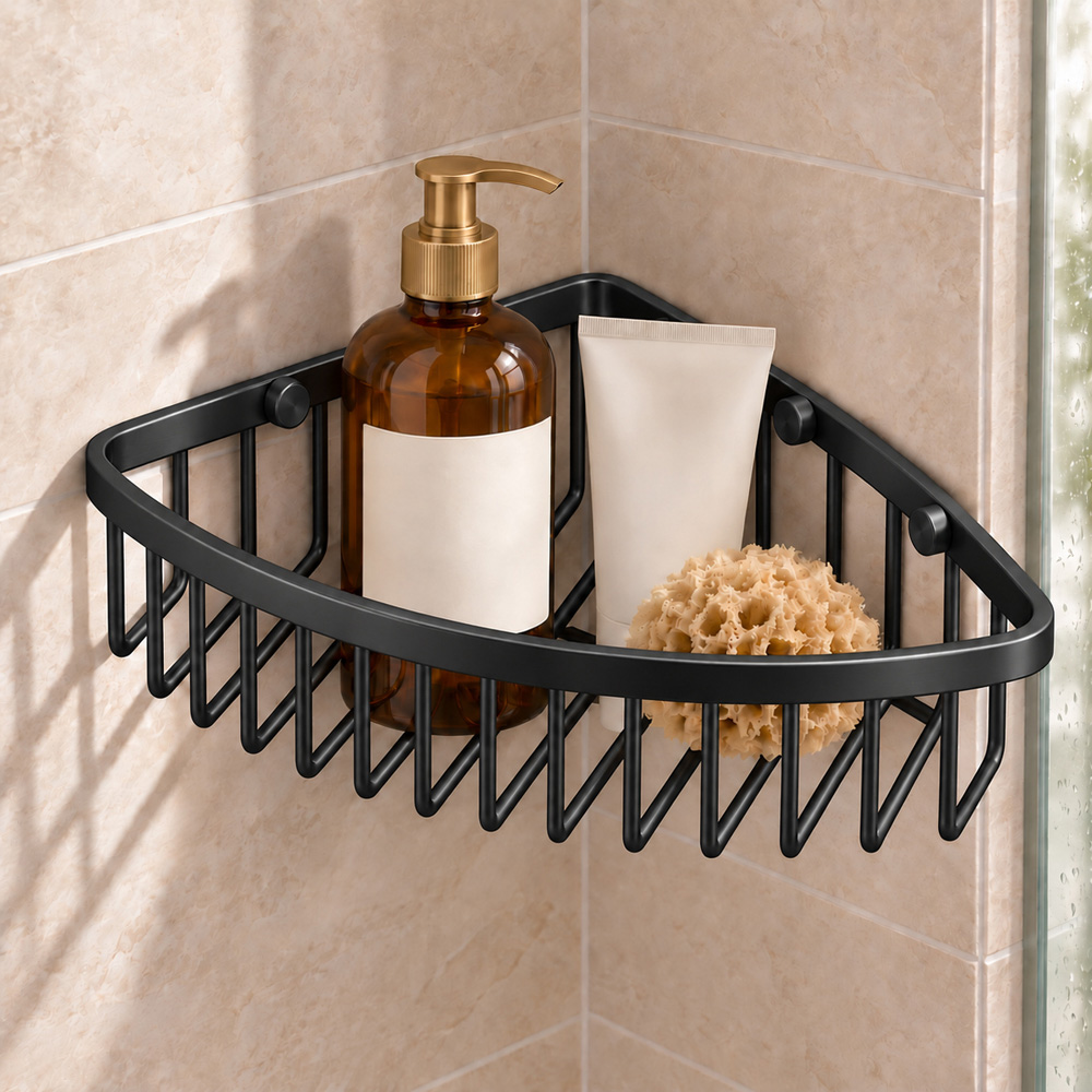 Go Bathrooms Black Wall-Mounted Corner Shower Basket Image 2