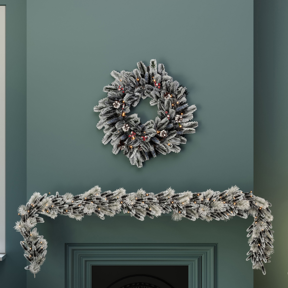 Charles Bentley Pre-Lit Snowy Christmas Wreath with Red Berry and Pinecone 60cm Image 4