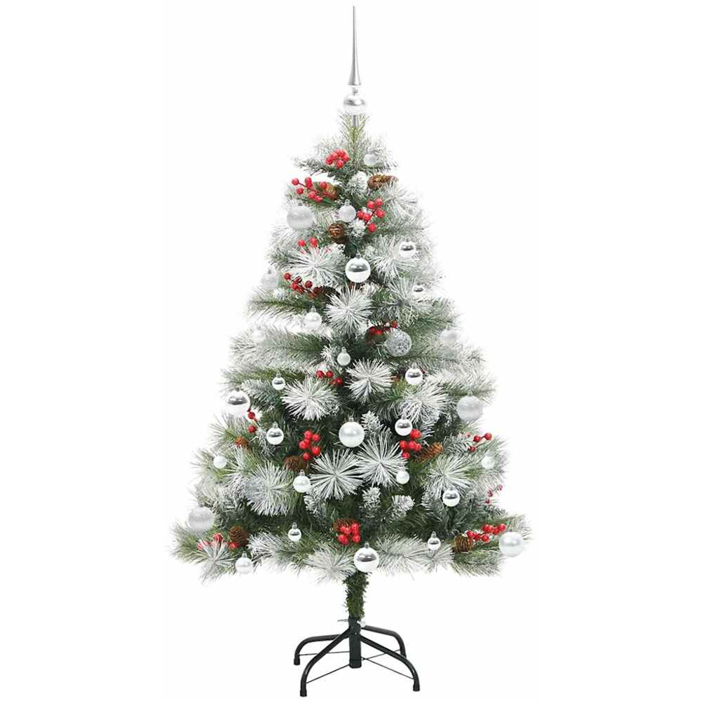vidaXL Pre-Lit Silver Baubles Green Artificial Snow Flocked Christmas Tree 5ft Image 4