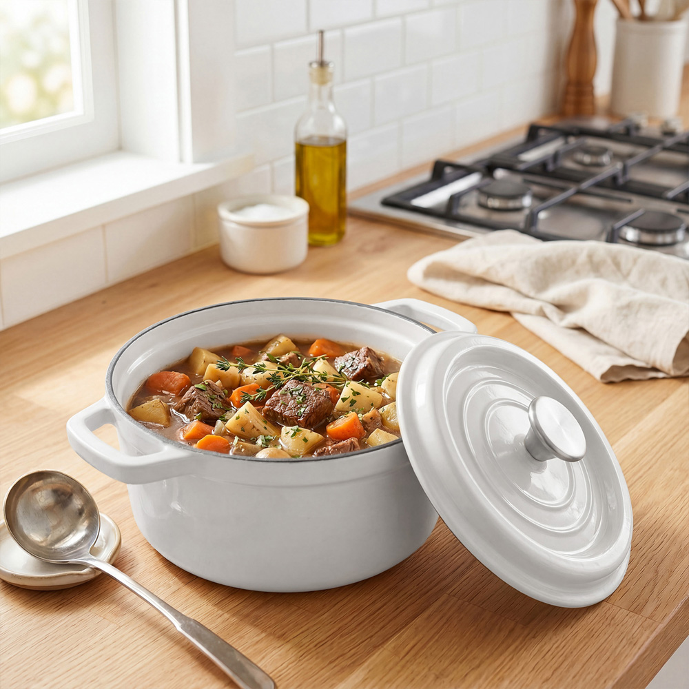 Living and Home Beige White Enamelled Cast Iron Dutch Oven Pot 5L Image 7