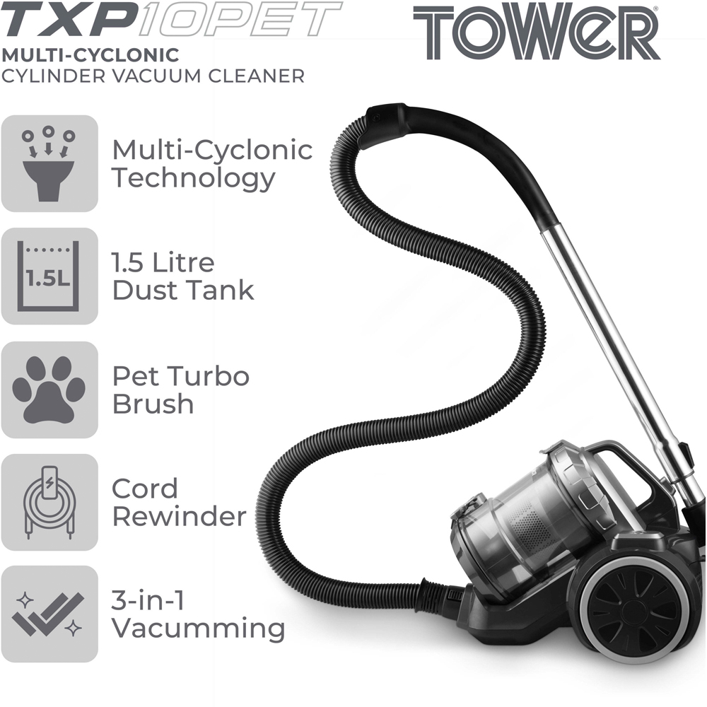 Tower TXP10 PET Platinum Multi Cyclonic Cylinder Vacuum Cleaner 800W Image 4