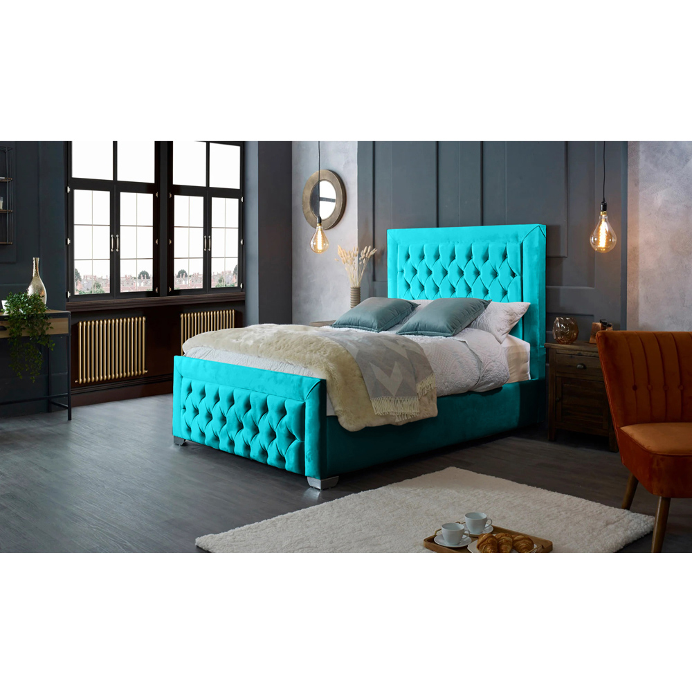 Eleganza Home Gelson King Size Teal Plush Velvet Bed Frame with Chesterfield Headboard Image 4