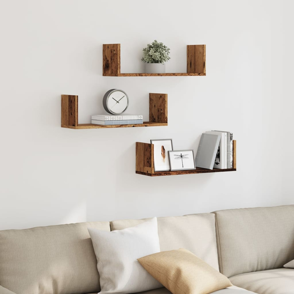 vidaXL 58 x 18 x 18cm Set of 3 Old Wood Wall Shelf Image 2