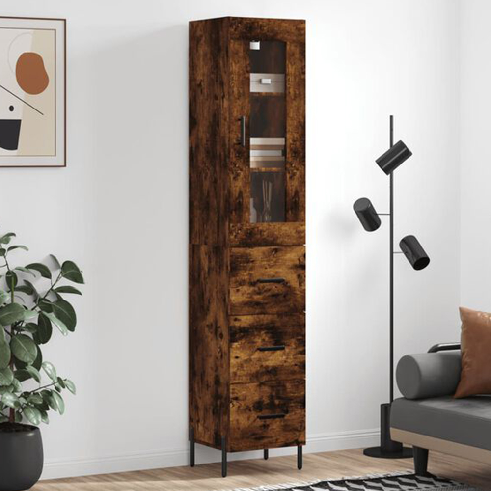 vidaXL Single Glass Door 3 Drawer Smoked Oak Highboard Image