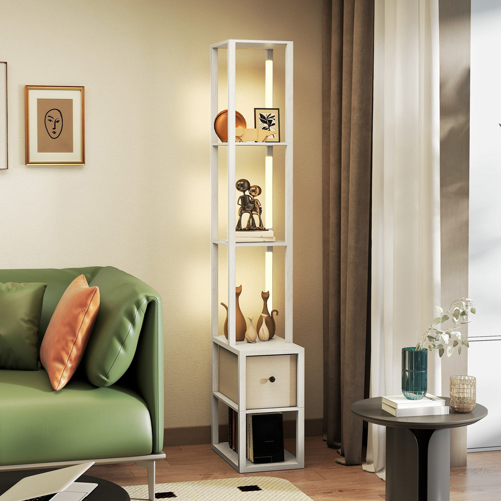 HOMCOM Single Drawer 4 Shelf White LED Floor Lamp Image 5