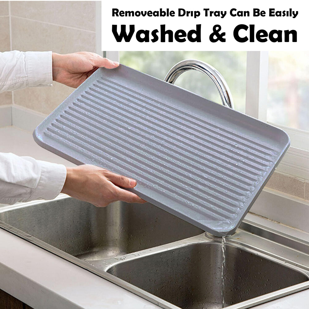 ATEK Grey Wooden Handle Dish Drying Rack with Drain Tray and Cutlery Holder Image 5