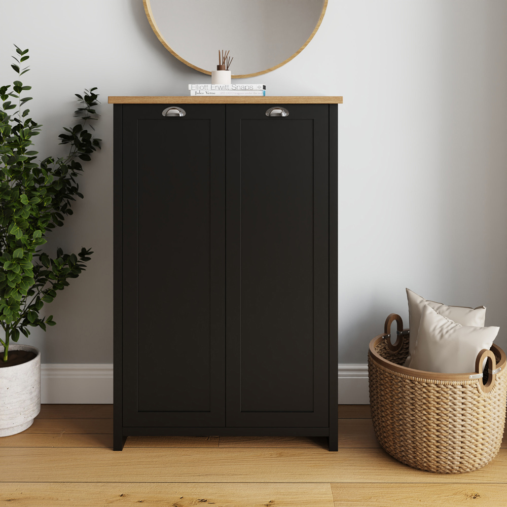 GFW Lancaster 2 Door Black and Oak Tall Shoe Cabinet Image 7