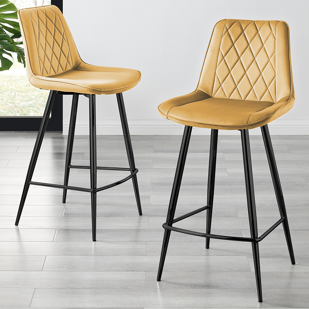 Furniturebox Cesano Mustard and Black Velvet Bar Stool Set of 2 Image 1