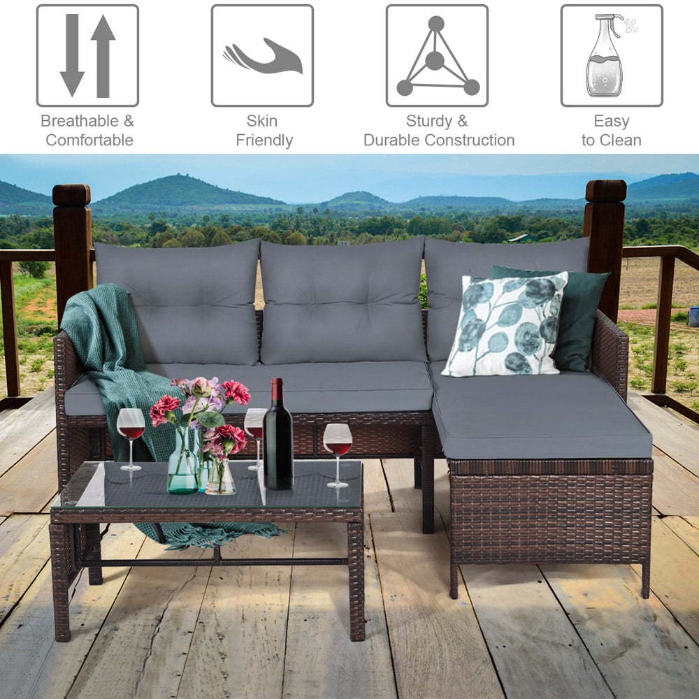 Costway 3 Seater Bistro Set with Cushion Grey Image 4