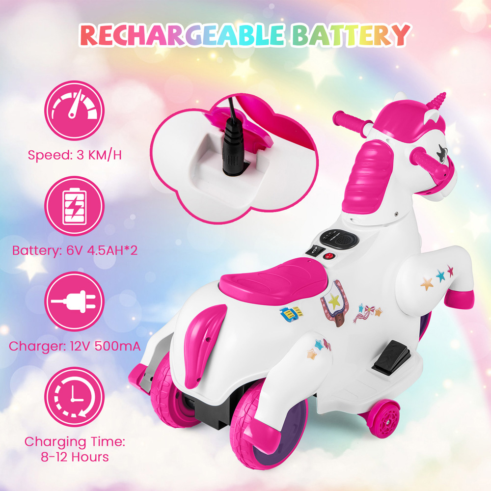Costway Kids Rose Red and White Unicorn Ride On Toy with Training Wheels 12V Image 6