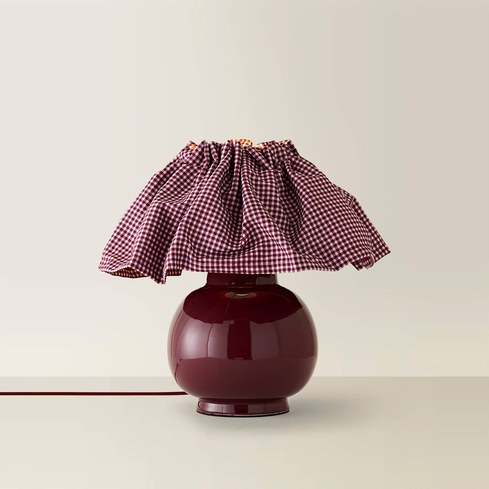ValueLights Arabella Gingham Pleated Shade Burgundy Ceramic LED Table Lamp with Bulb Image 4