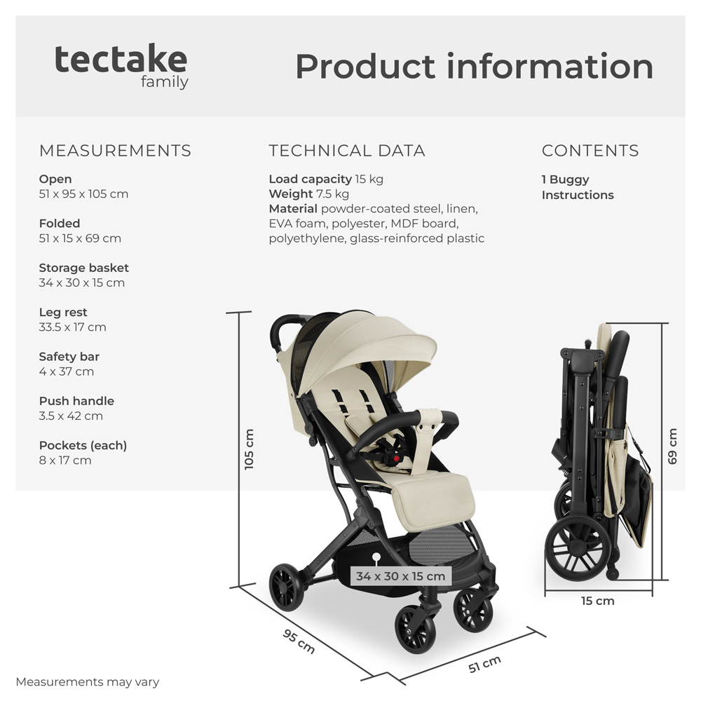 tectake Finn Grey and Beige Foldable Pushchair Stroller with 5 Point Harness Image 9