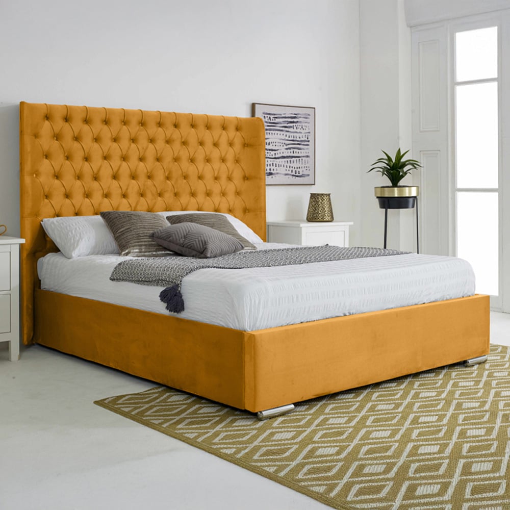 Eleganza Home Woodlake Double Mustard Plush Velvet Bed Frame with Chesterfield Headboard Image 1