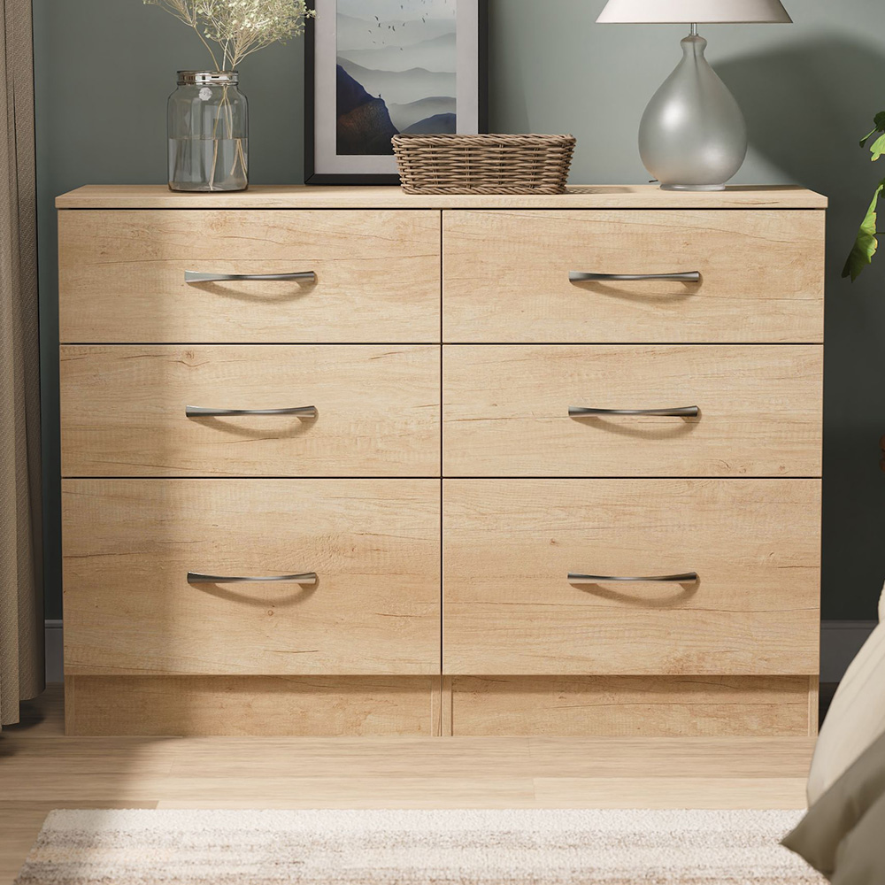 Crowndale Avon 6 Drawer Nebraska Oak Wide Chest of Drawers Ready Assembled Image 1