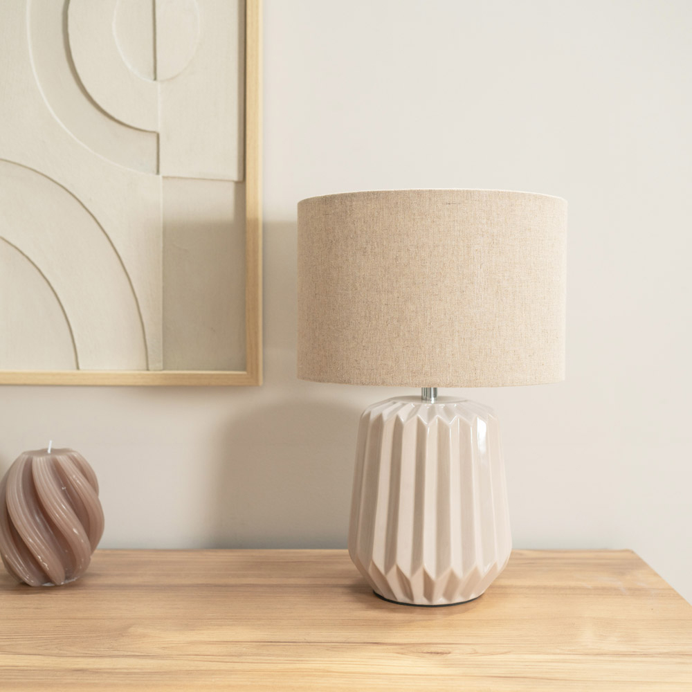 ValueLights Zak Fabric Lamp Shade Natural Stone Pleated Textured Ceramic LED Table Lamp Image 3