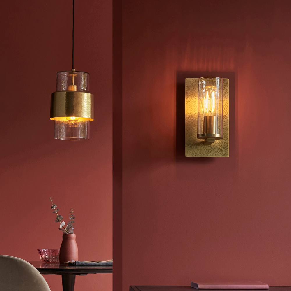 Merano Palermo Hammered Brass Plate with Textured Clear Glass Pendant Ceiling Light Image 8